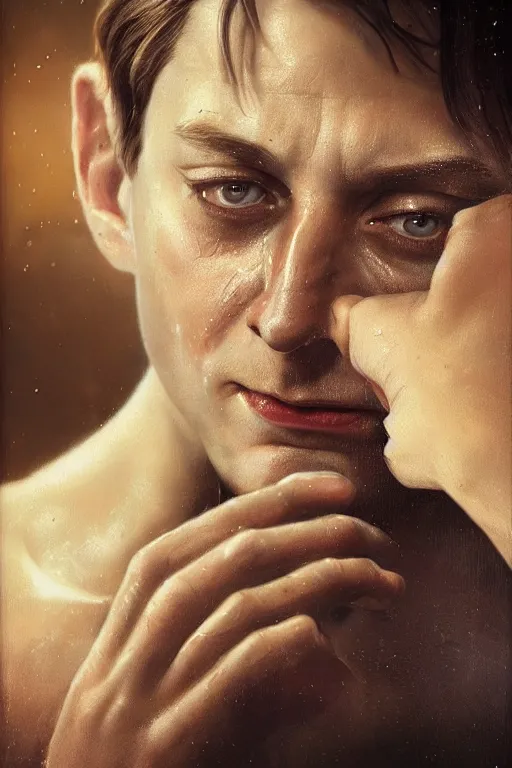 Prompt: a beautiful ultradetailed vintage photo of a toby maguire crying while playing spider man, by tom bagshaw and anna dittman, portrait, 2 4 mm lens, golden ratio composition, detailed face, studio photography, very detailed, humanoids, industrial robots, artstation, 8 k, highly coherent