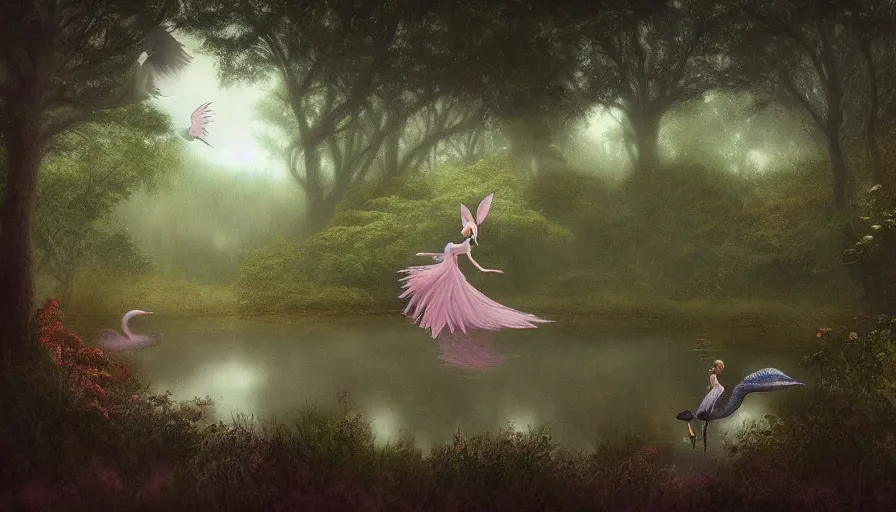 Image similar to a fairy riding a heron over a misty lake, ambient lighting, light bloom, in the style of Edward Robert Hughes!!!! and Over the Garden Wall