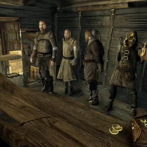 Prompt: jesse pinkman thieves guild gets caught by riften town guard, tamriel, elder scrolls, skyrim, adventuring gear, highly detailed