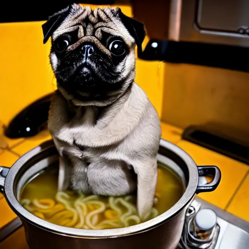 Image similar to An adorable pug sitting in a pot of ramen noodle soup atop a stove, high resolution photograph