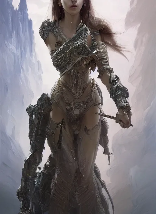 Image similar to a professional portrait of a beautiful young female, clothed in ethereal battle armor, olive skin, long dark hair, beautiful bone structure, symmetrical facial features, intricate, elegant, digital painting, concept art, smooth, sharp focus, finely detailed, illustration, from Valerian and the City of a Thousand Planets, in the style of Ruan Jia and Mandy Jurgens and Artgerm and Greg Rutkowski and William-Adolphe Bouguerea