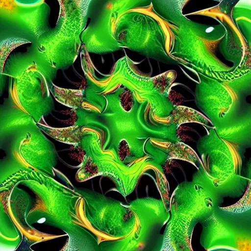 Prompt: fractal rosebuds flowing around a green dragon