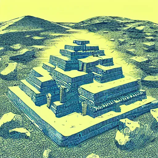 Image similar to gigantic colossal tortoise in the desert on its back pyramid ziggurat highly detailed concept art schematic, Laurie Greasley