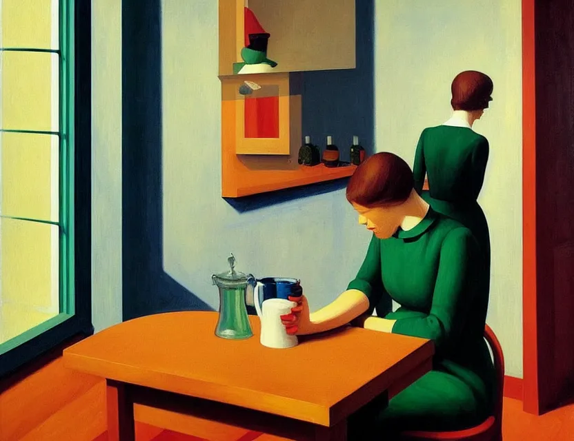 Image similar to a painting of a person drinking 1 0 cups of coffee into a droste effect, harsh monday mood in a kitchen that is slowly melting, styled and painted by edward hopper and magritte