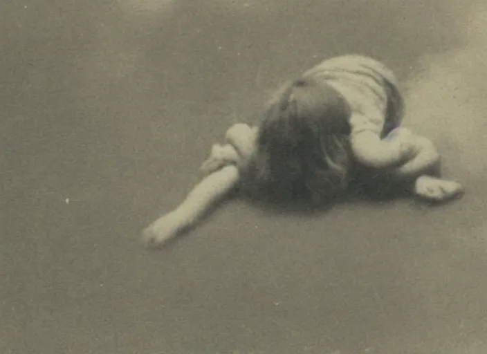 Image similar to an old worn photograph of a child in the distance floating upside - down