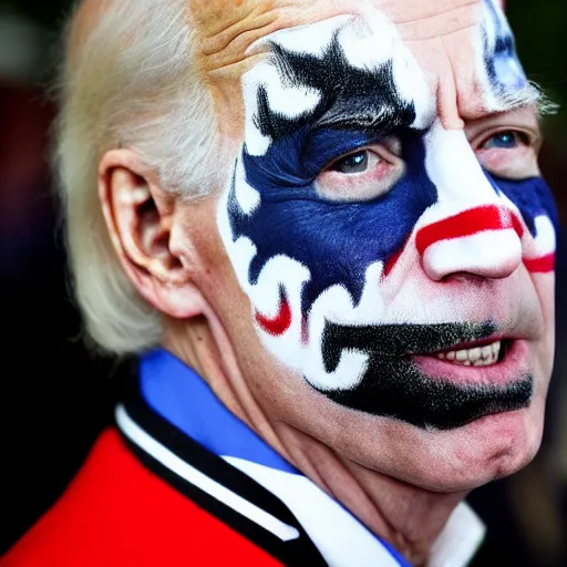 Prompt: joe biden wearing juggalo facepaint, photo taken at gathering of the juggalos