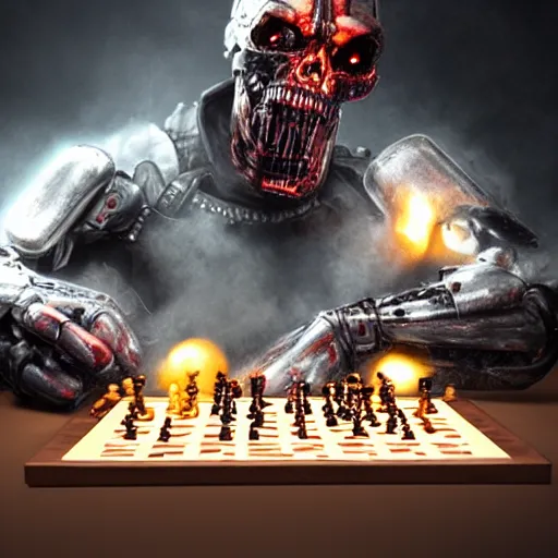 Image similar to apocalyptic, the terminator playing chess and eating cheese. smoke. volumetric lighting, sharp focus, ultra detailed, cgsociety - w 1 0 2 4 - n 8 - i