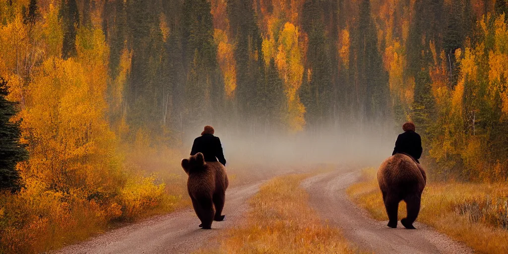 Image similar to back of bob ross riding on the back of brown bear in alaska at fall season, outdoor lighting, realistic, photo, national geographic photo, volumetric, fog