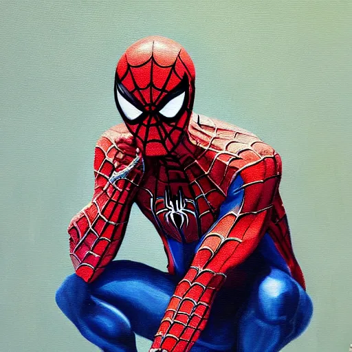 Prompt: spiderman kneels, praying to spider god, oil painting