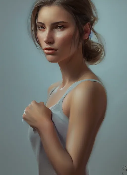 Image similar to portrait of a gorgeous young woman in the style of stefan kostic, artstation, concept art, realistic photo, sharp focus, 8k high definition, insanely detailed, intricate, elegant