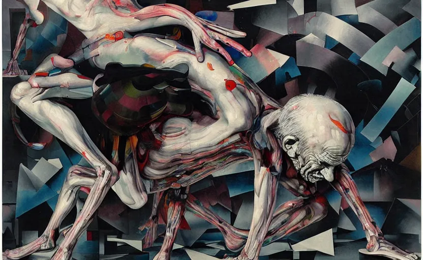 Image similar to decollage painting old man old man struggling in a ruined city full of gigantic spiders by adrian ghenie and takato yamamoto and edward hopper and mark ryden and tsutomu nihei, part by bridget riley, acrylic pour and splashing paint, very coherent, baroque elements, perfect anatomy, intricate design. pop art.