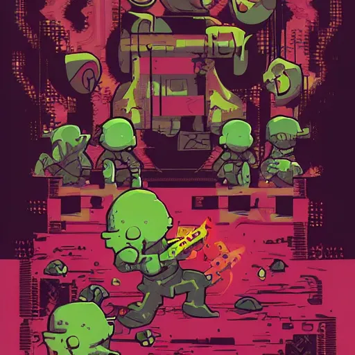 Prompt: nuclear throne artwork, artwork by moebius and dan mumford, smooth gradient colorings, black outlines