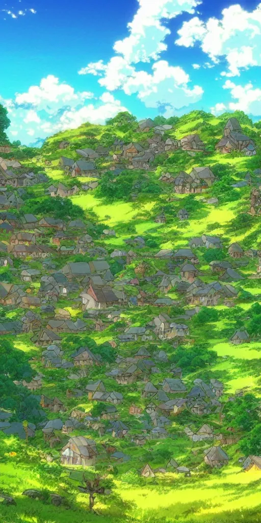 Image similar to anime screenshot wide-shot landscape hobbit village, Shire, beautiful ambiance, golden hour, studio ghibli style, by hayao miyazaki, sharp focus, highly detailed,