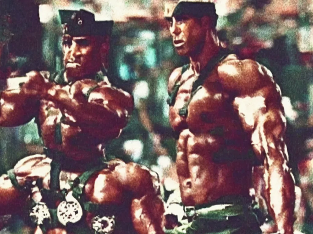 Image similar to vintage 90s VHS video still of a muscular soldier promoting ashura, retro TV, noise, hue