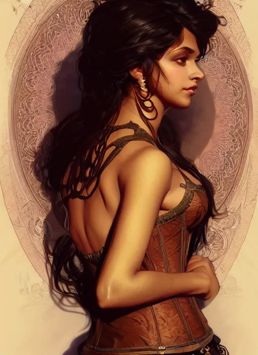 Image similar to cute brown woman wearing a transparent corset dress, fantasy, intricate, highly detailed, digital painting, artstation, concept art, wallpaper, smooth, sharp focus, illustration, art by artgerm and greg rutkowski and alphonse mucha