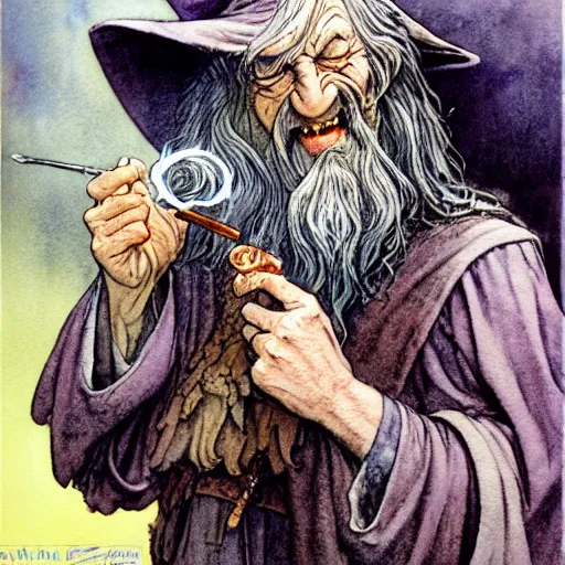 Image similar to a realistic and atmospheric watercolour fantasy character concept art portrait of gandalf with bloodshot eyes laughing and smoking a pipe looking at the camera by rebecca guay, michael kaluta, charles vess and jean moebius giraud