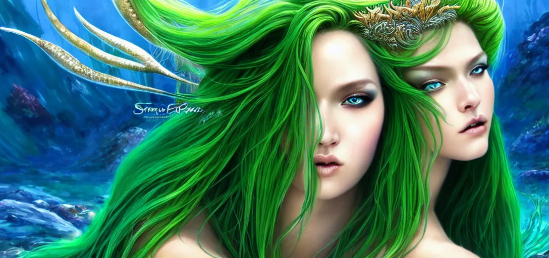 Image similar to extreme close up portrait photo of a gorgeous female mermaid with long green hair wearing metal armor in the style of stefan kostic, realistic, half body shot, sharp focus, 8 k high definition, insanely detailed, intricate, elegant, art by stanley lau and artgerm, extreme blur coral reef background