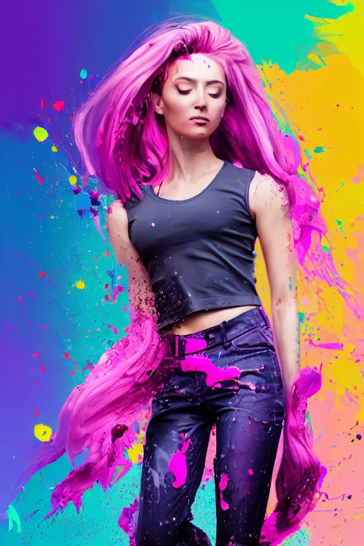 Image similar to a award winning half body porttrait of a beautiful woman in a croptop and cargo pants with ombre purple pink teal hairstyle with head in motion and hair flying, paint splashes, splatter, outrun, vaporware, shaded flat illustration, digital art, trending on artstation, highly detailed, fine detail, intricate