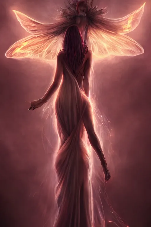 Image similar to Backview of the Flame Fairy Goddess in an Arcane Dress, atmospheric, volumetric lighting, realistic, illustration, fantasy, magic, arcane energy, ultra detailed