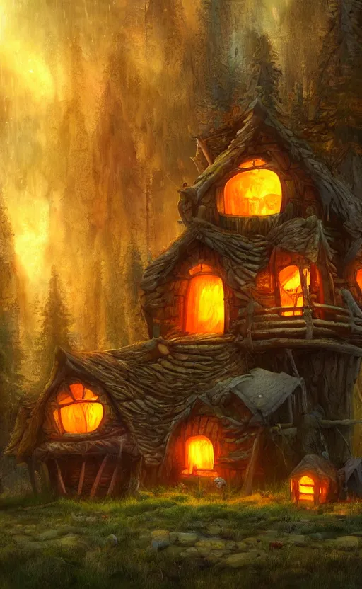 Prompt: a giant pumpkin cabin in the middle of a forest at night, the lights are on, dynamic lighting, photorealistic fantasy concept art, trending on art station, stunning visuals, creative, cinematic, ultra detailed