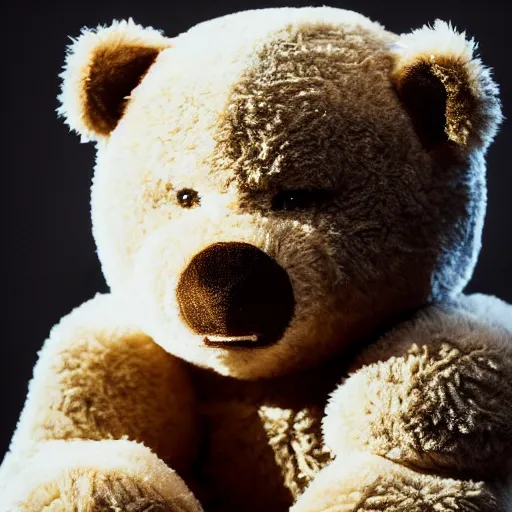 Prompt: cinematic photograph of Kanye West as a anthropomorphic teddy bear, close up, portrait, shallow depth of field, 40mm lens, gritty, textures