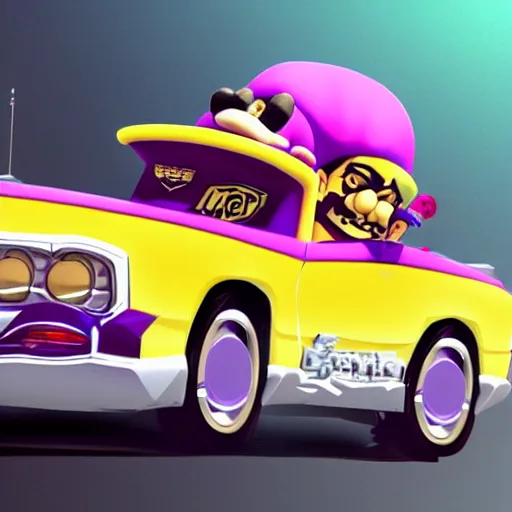 Image similar to wario driving a cadillac, ultra realistic