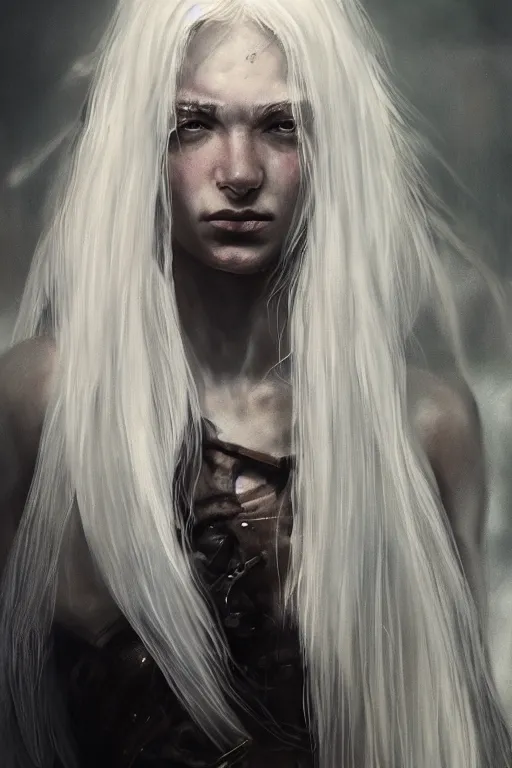 Prompt: a fancy portrait of a young ripped girl with long white hair by greg rutkowski, sung choi, mitchell mohrhauser, maciej kuciara, johnson ting, maxim verehin, peter konig, bloodborne, 8 k photorealistic, cinematic lighting, hd, high details, dramatic, dark atmosphere, trending on artstation