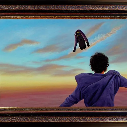 Image similar to egyptian man with long curly hair skydiving, dreamy clouds, pastel tones, by jose miguel roman frances