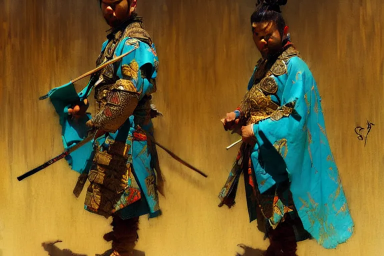 Image similar to turquoise samurai painting by gaston bussiere, craig mullins, j. c. leyendecker