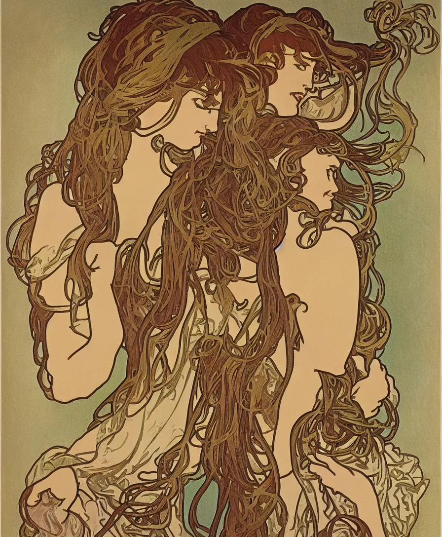 Image similar to portrait by Alphonse Mucha in the style of Davinci