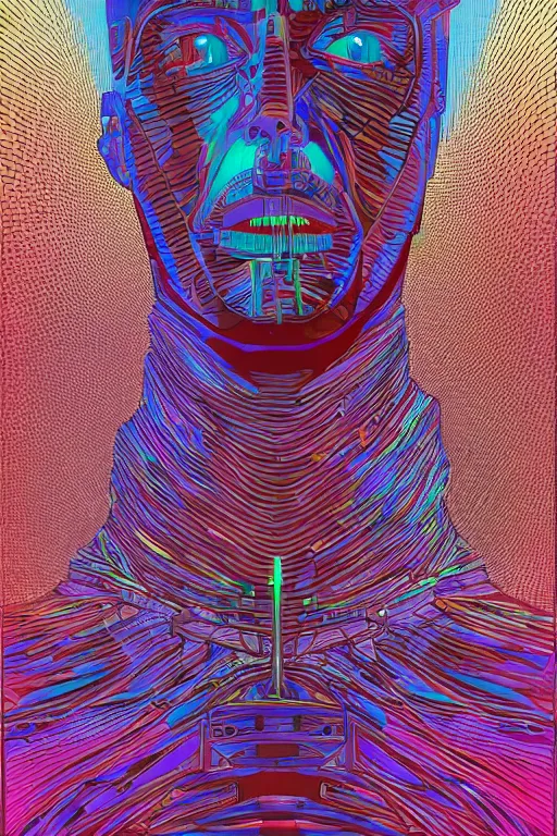 Image similar to A portrait of Thom Yorke as a cyberpunk, iridescent highlights, background of digital greebles, highly detailed, intricate, soft, sci-fi, sharp focus, glowing lines, art by Moebius
