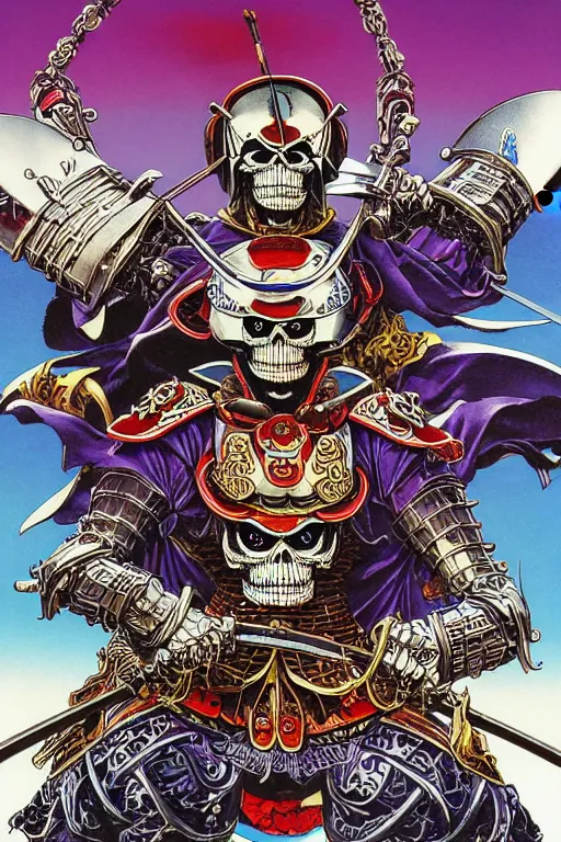 Image similar to poster of crazy skeletor samurai with japanese armor and helmet, by yoichi hatakenaka, masamune shirow, josan gonzales and dan mumford, ayami kojima, takato yamamoto, barclay shaw, karol bak, yukito kishiro