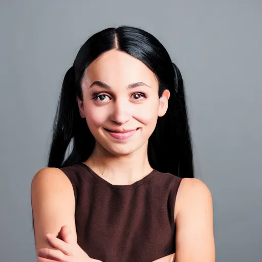 Prompt: girl with black hair in a ponytail and brown eyes, bigger forehead, photo shoot, in a dress