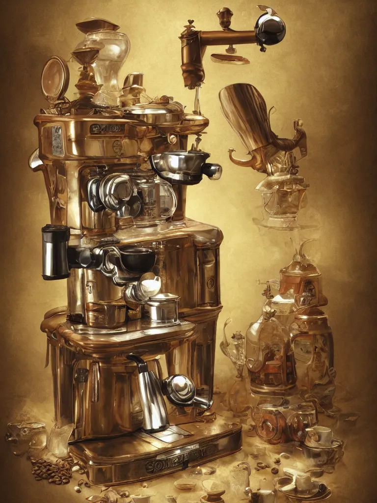 Image similar to wide angle product photography of an ancient coffee machine, by Simon Stalenhaag, by Yoshita Amano, by Esao Andrews, sharp focus, fresh colors, conceptart, trending on artstation