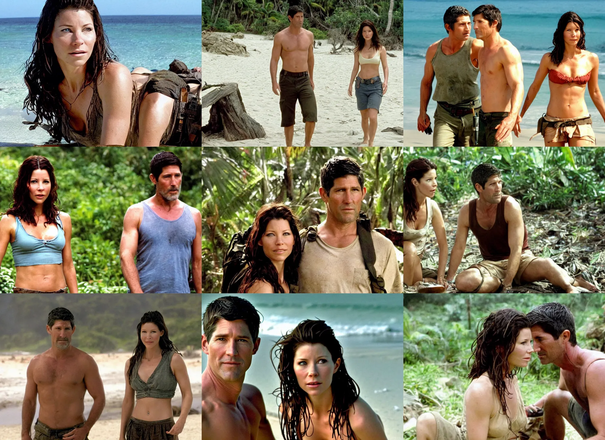 Prompt: evangeline lily as kate austen on a tropical beach with matthew fox as jack shephard, tv series lost ( 2 0 0 4 )