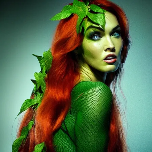 Image similar to stunning awe inspiring megan fox as poison ivy, movie still 8 k hdr atmospheric lighting