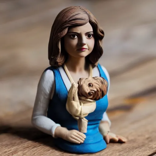 Prompt: jenna coleman figurine by pixar sad bokeh on wooden table.