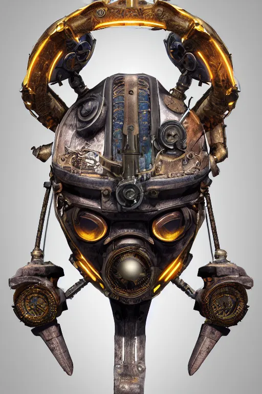 Image similar to steampunk mask minimalist fantasy art robot ninja helmet, global illumination ray tracing hdr fanart arstation by sung choi and eric pfeiffer and gabriel garza and casper konefal radiating a glowing aura