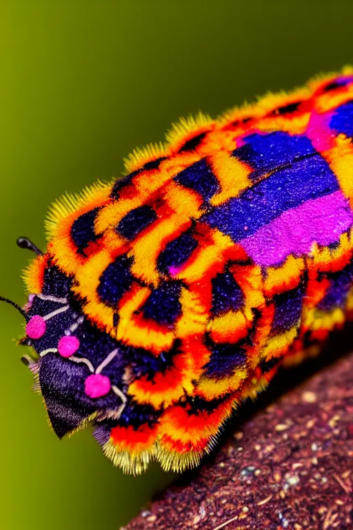 Image similar to high quality macro photo multicolored puss moth caterpillar! gorgeous highly detailed hannah yata elson peter cinematic lighting high quality low angle hd 8k sharp shallow depth of field