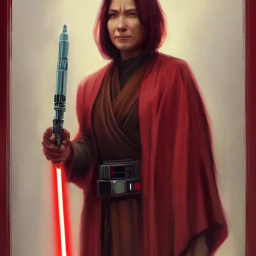 Prompt: portrait of a woman by greg rutkowski, jedi queen, half asian, black bob hair, star wars expanded universe, she is about 5 0 years old, wearing jedi red robes.