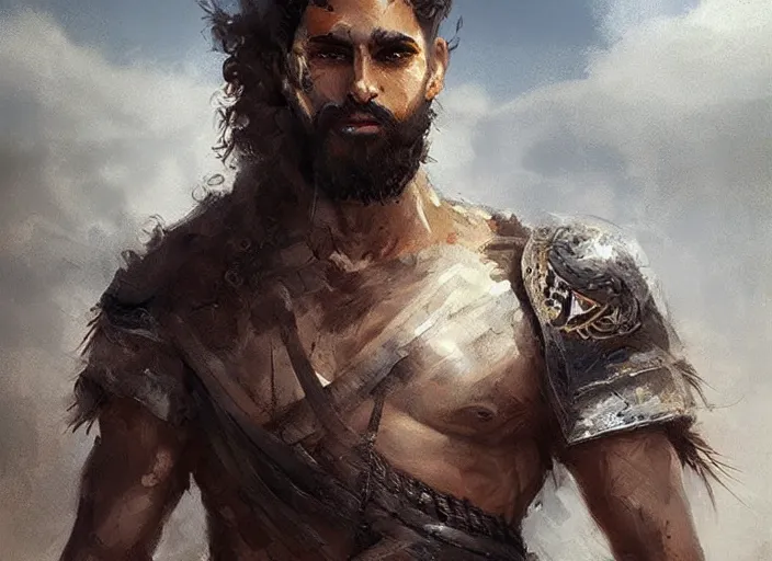 Prompt: Arab warrior, beard, wavy hair, muscular ,digital art,realistic,detailed,art by greg rutkowski