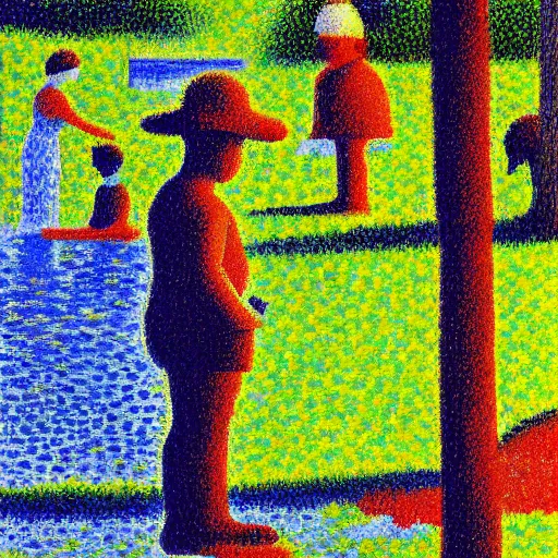 Image similar to Mario standing by the river painting by Georges Seurat, pointillism