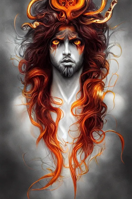 Image similar to bust of a prince of darkness , long hairs, gradient black red, dreamy and ethereal, orange eyes, golden ratio, vicious expression, ornate frilly suit,cloudy ghostly aspect, beautiful, dark fantasy, intricate, elegant, rainbow bubbles, highly detailed, digital painting, artstation, concept art, smooth,b sharp focus, illustration, black background art by artgerm and greg rutkowski and alphonse mucha