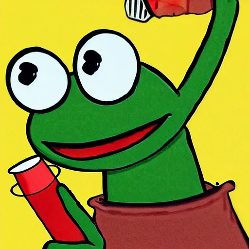 Image similar to kermit the frog chasing a soda can in the style of muppets by jim hansen