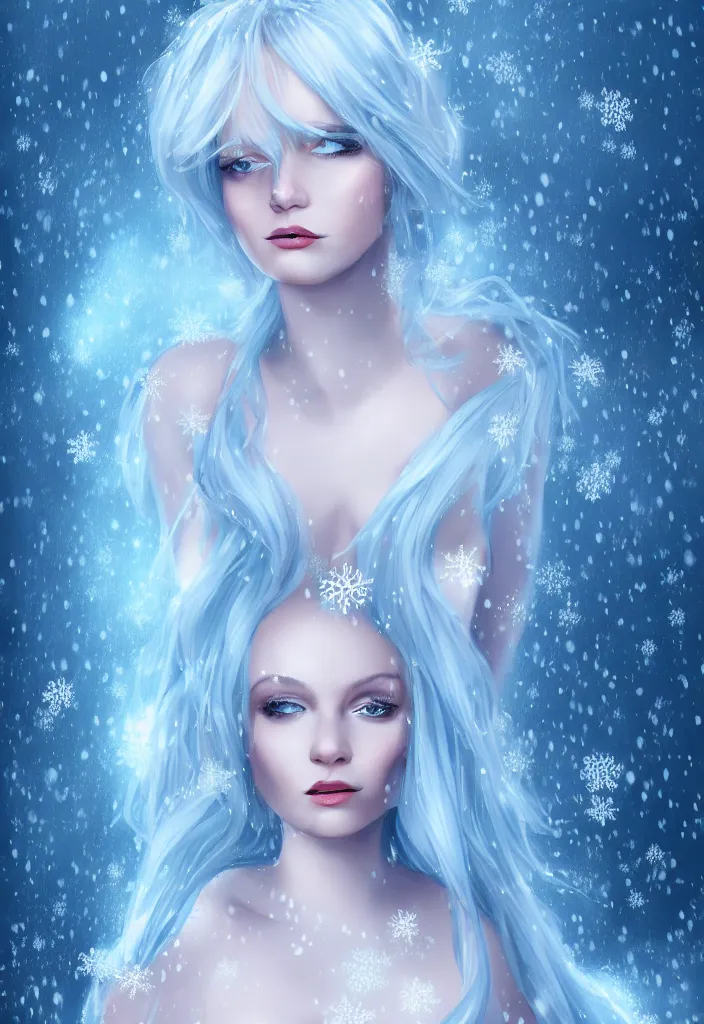 Image similar to full body portrait of a stunningly beautiful woman with pale blue hair wearing a dress made out of snowflake in the middle of a snowstorm. award - winning digital art, trending on artstation