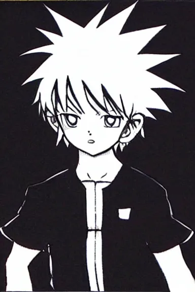 Image similar to attractive little boy in black cat suit, black and white artwork made by yoshihiro togashi,