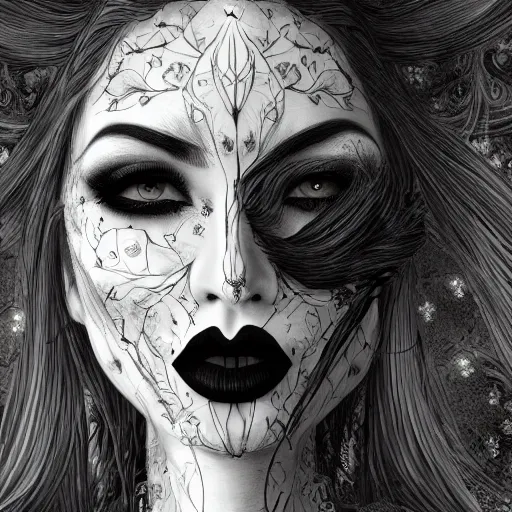 Image similar to a gothic female, wearing black lipstick, digital art, intricate drawing, extremely detailed face, beautiful face, beautiful aesthetic face, 8 k resolution, realistic fantasy