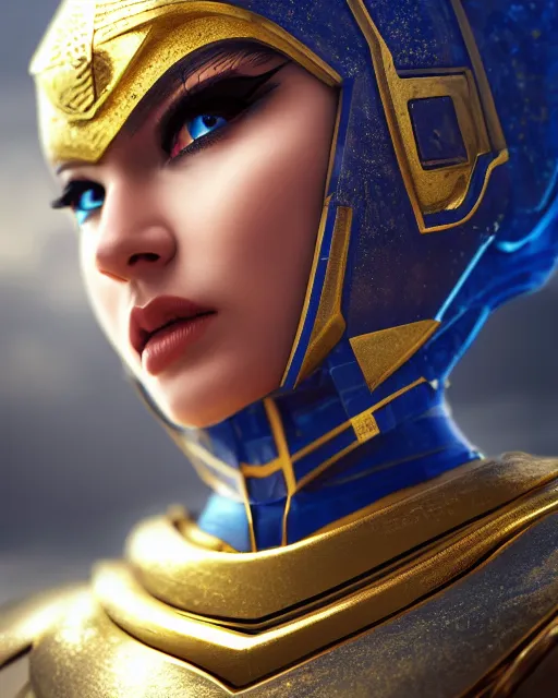 Image similar to girl in egypt, egyptian cyborg armor, white hair, scifi, futuristic, atmosphere, gold, detailed, intricate, desert, beautiful face, advanced technology, trending on artstation, blue eyes, 4 k, focused, extreme details, cinematic, masterpiece, by akihito tsukushi