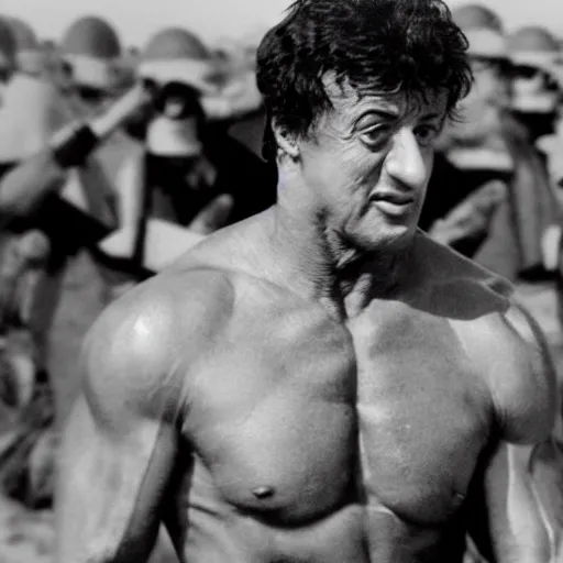 Image similar to sylvester stallone is storming the beach on D-Day, black and white historical photograph