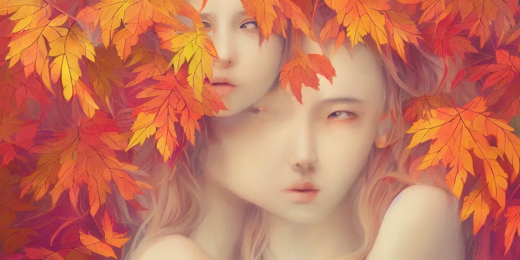 Image similar to breathtaking detailed concept art painting pattern blend of autumn leaves and girls, by hsiao - ron cheng, bizarre compositions, exquisite detail, pastel colors, 8 k